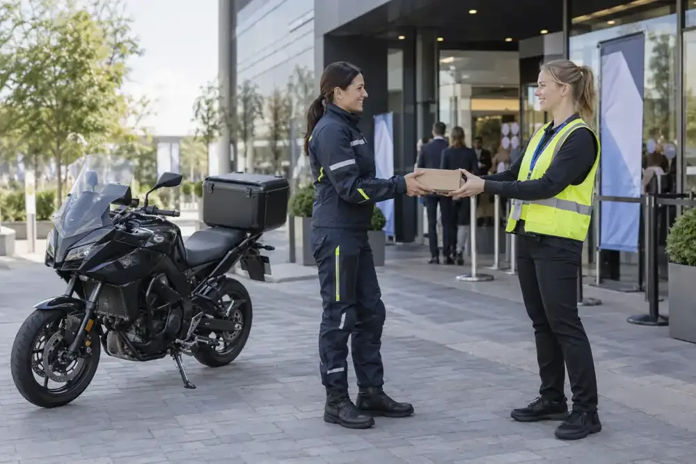 a motorcycle courier preparing or handing over a suitable consignment