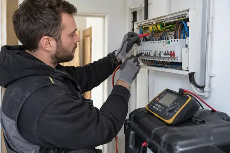 Electrician using an installation tester at a UK consumer unit.