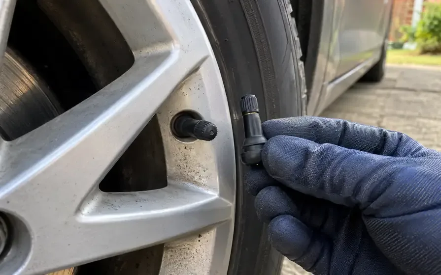 Gloved hand comparing a new rubber tyre valve with the valve on an alloy wheel